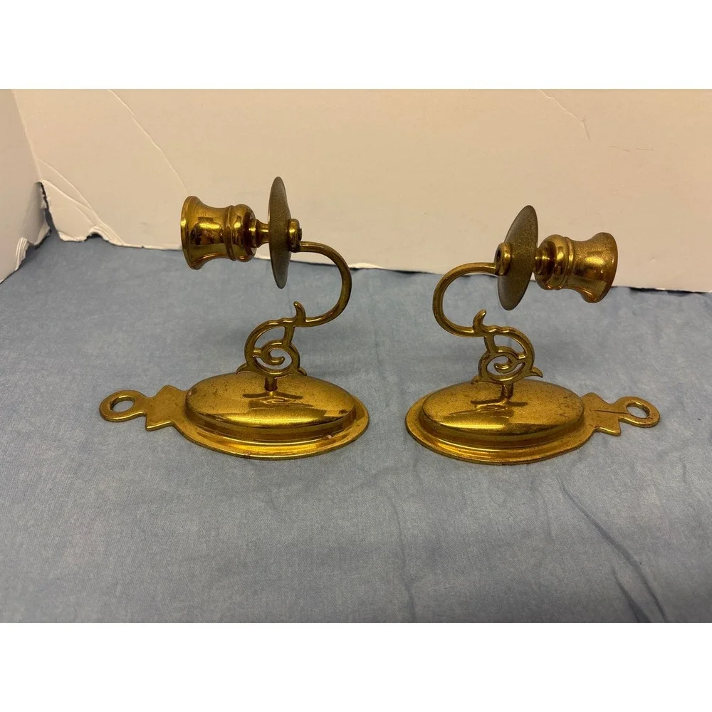 Vintage Brass Wall Sconce Candle Holders Set of 2 Gold Scroll Arm Traditional